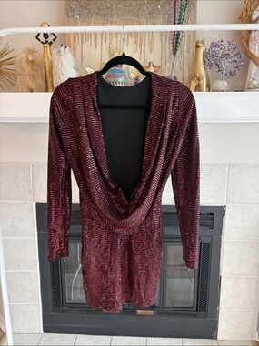 Deep Wine Sequin Drape Neck Mini Dress